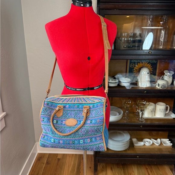 Unknown Handbags - Boho Woven Tapestry Satchel Bag Crossbody with Trim Vintage Style